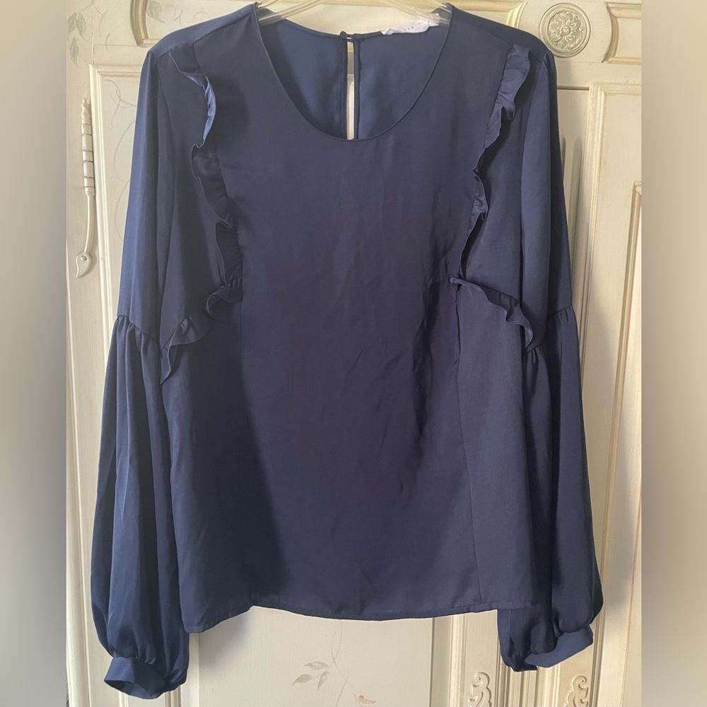 Lush Navy Ruffle Blouse